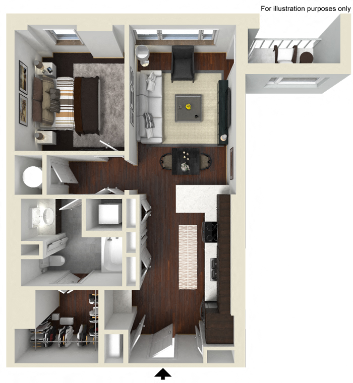 Floor plan for 1 bed, 1 bath, 800 sqft